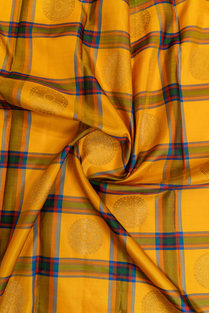 Yellow and brown vintage checks  pure Kanchipuram silk saree