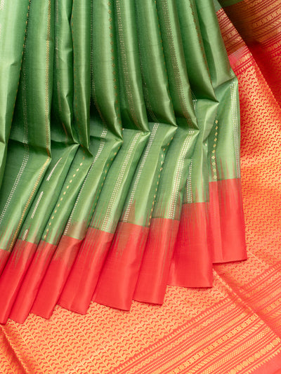 Apple Green and Peach Stripes Soft Silk Saree | Clio Silks