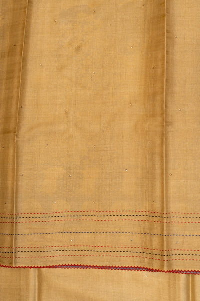 Beige Kantha Embroidered Pichwai Printed Pure Tussar saree