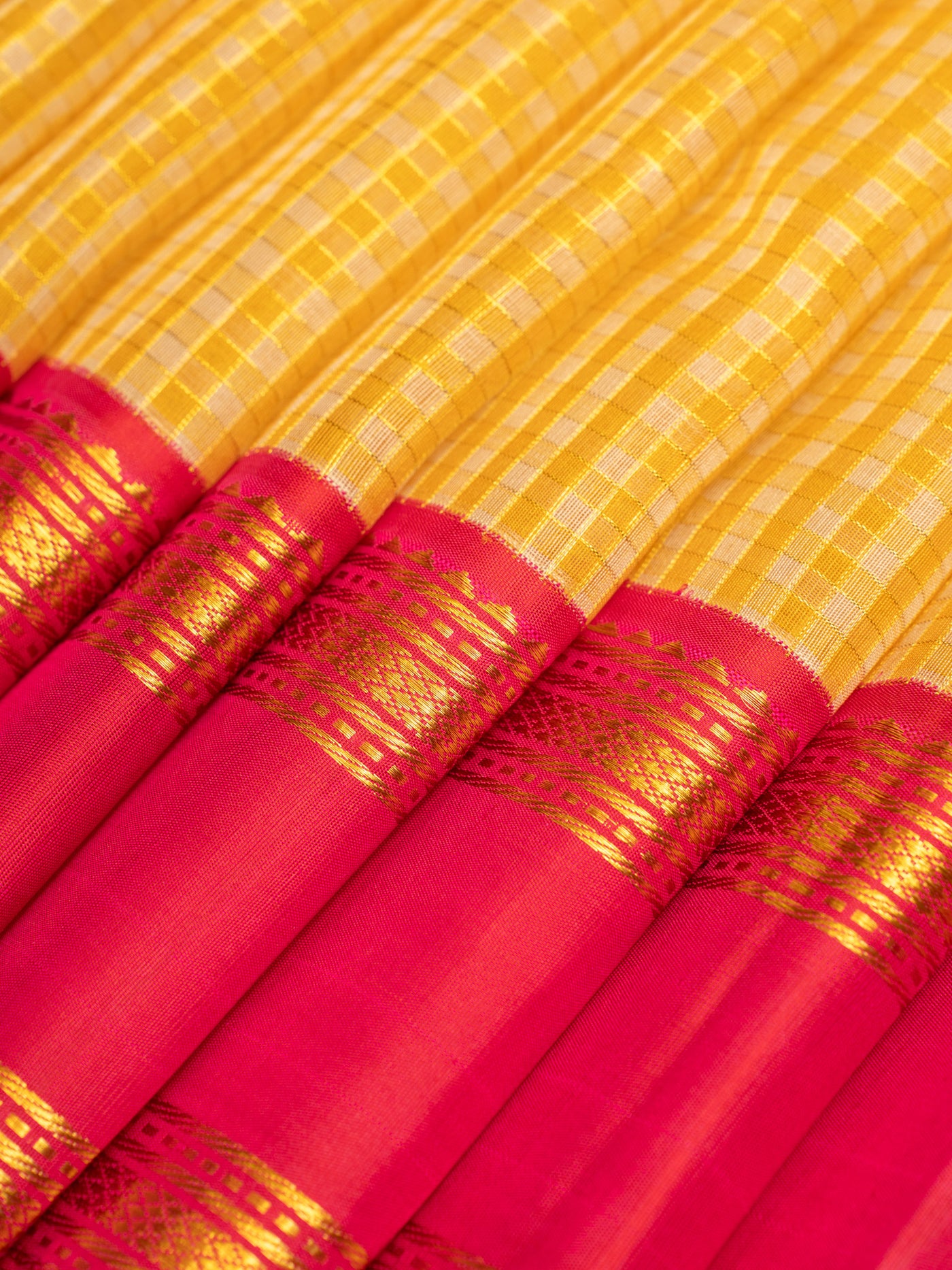 Golden yellow zari checks organza pure Kanchipuram silk saree