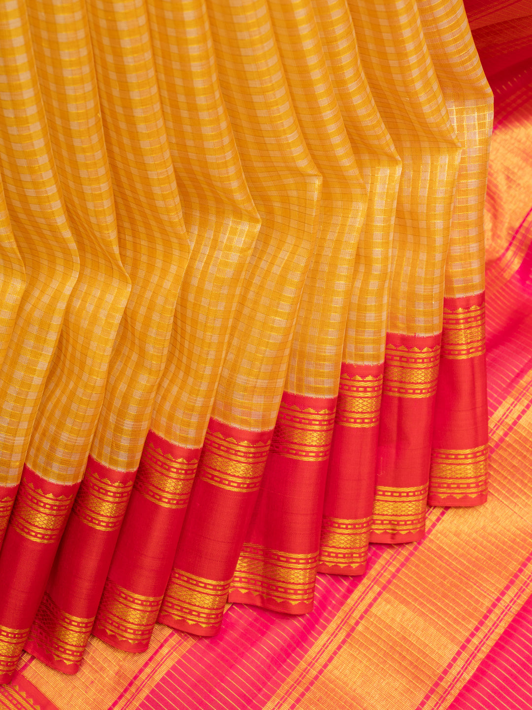 Golden yellow zari checks organza pure Kanchipuram silk saree