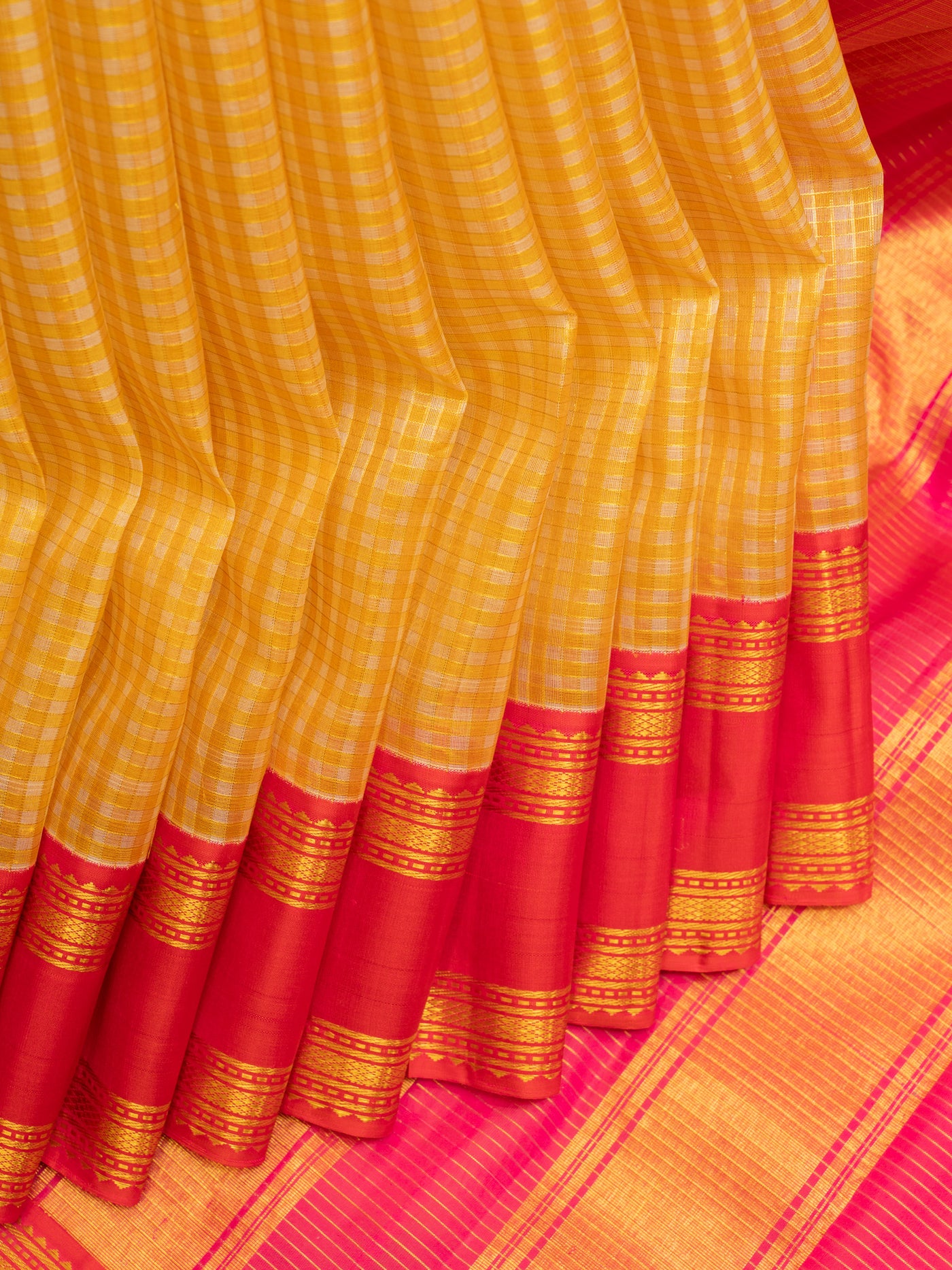 Golden yellow zari checks organza pure Kanchipuram silk saree