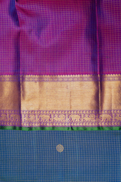 Peacock Blue Vairaoosi Pure Zari Checks Kanchipuram Silk Saree - Clio Silks