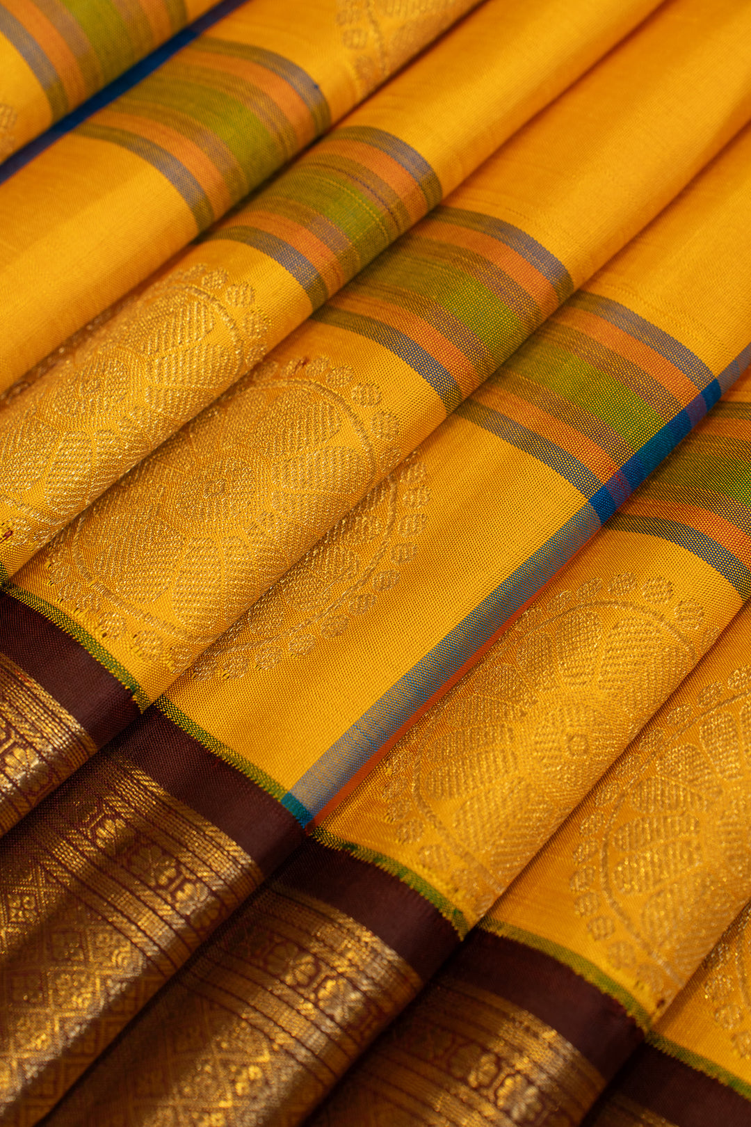 Yellow and brown vintage checks  pure Kanchipuram silk saree