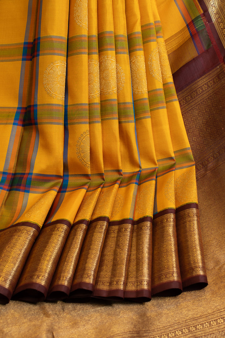 Yellow and brown vintage checks  pure Kanchipuram silk saree