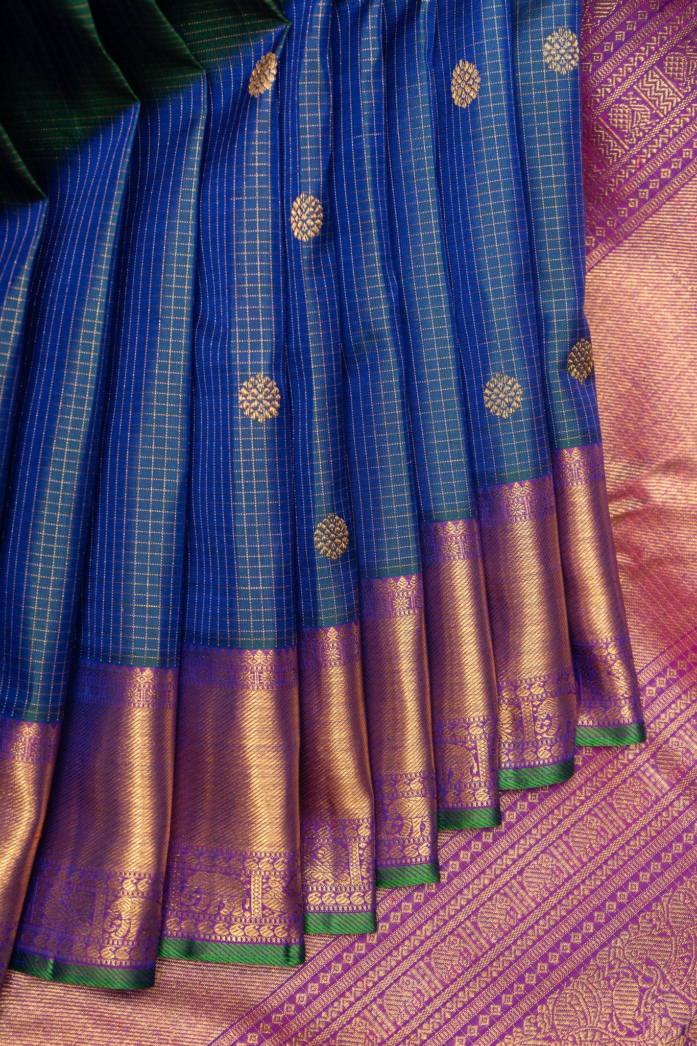 Peacock Blue Vairaoosi Pure Zari Checks Kanchipuram Silk Saree - Clio Silks