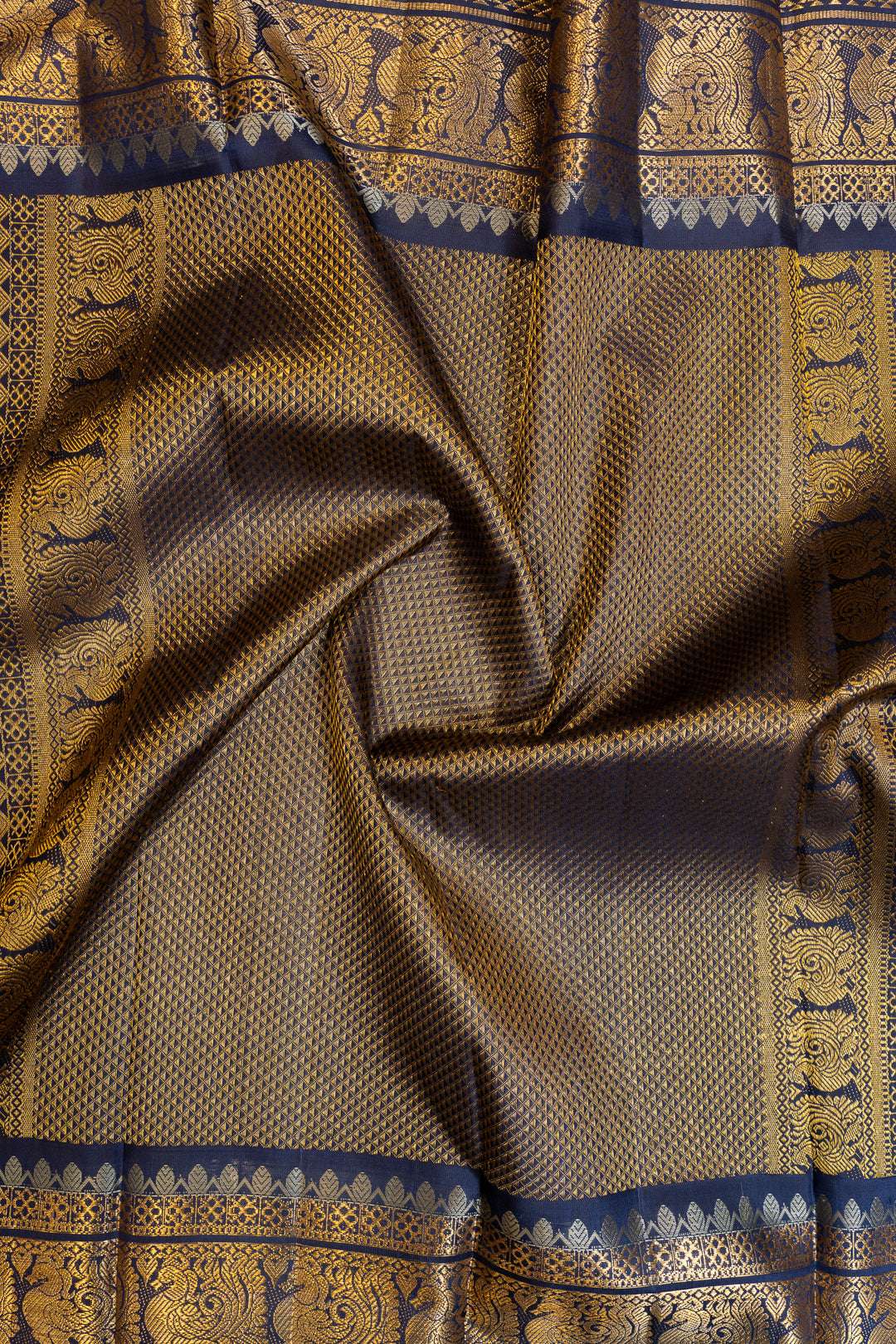 Cream and dark blue grand borders pure Kanchipuram silk saree