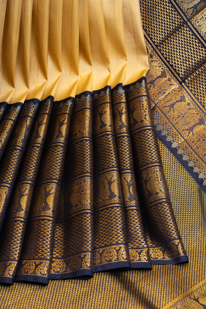 Cream and dark blue grand borders pure Kanchipuram silk saree