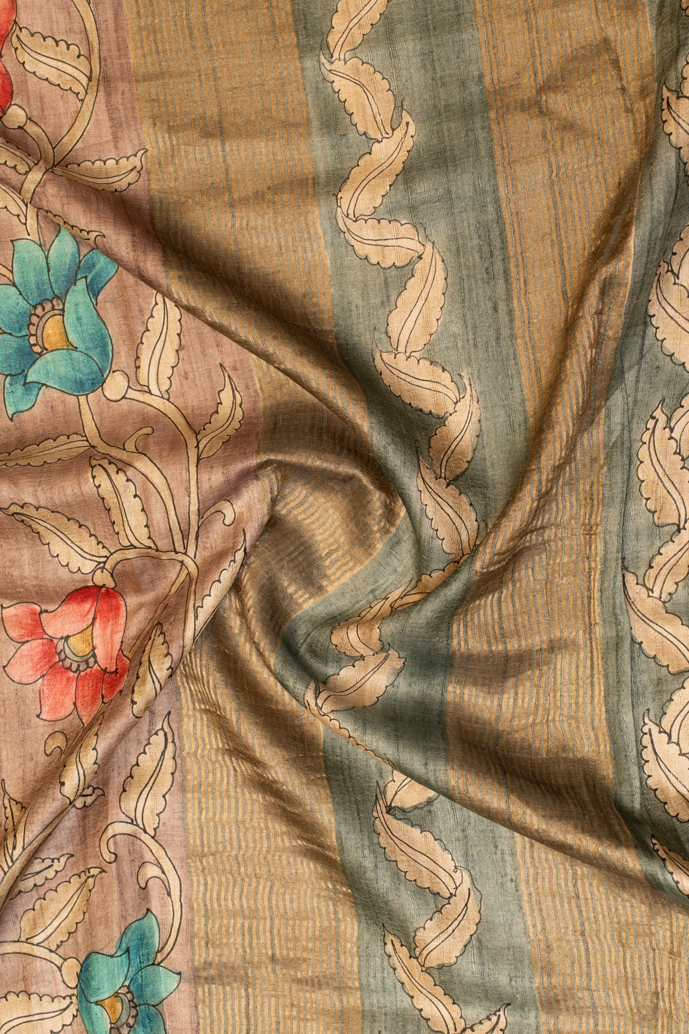 Olive Green Kalamkari Hand Printed Pure Tussar saree