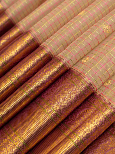 Beige checks pure zari organza Kanchipuram silk saree