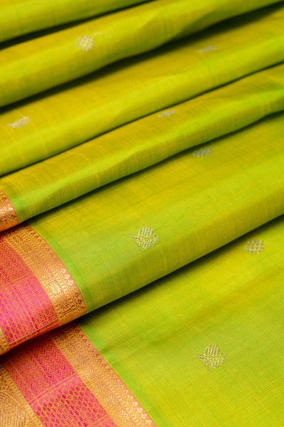 Sampanga Green and Peach Pure Zari Kancipuram Silk Saree - Clio Silks