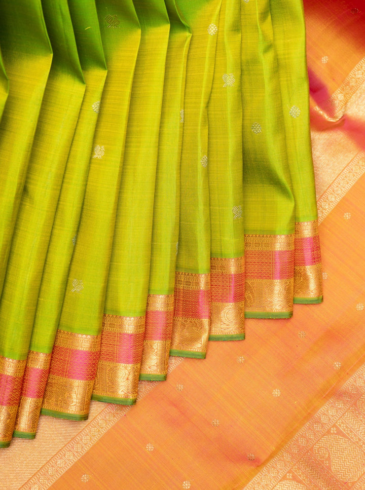 Sampanga Green and Peach Pure Zari Kancipuram Silk Saree - Clio Silks
