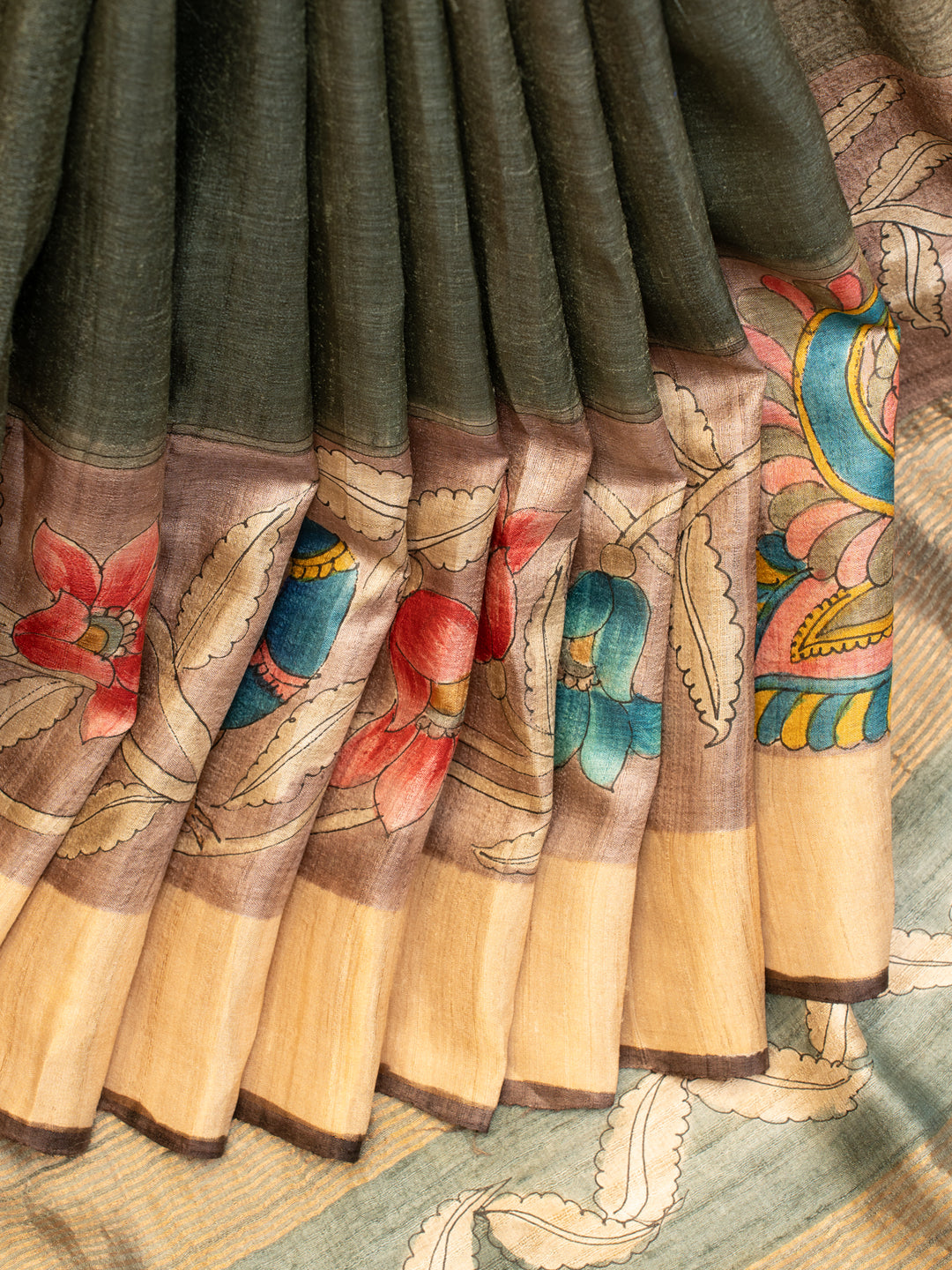 Olive Green Kalamkari Hand Printed Pure Tussar saree