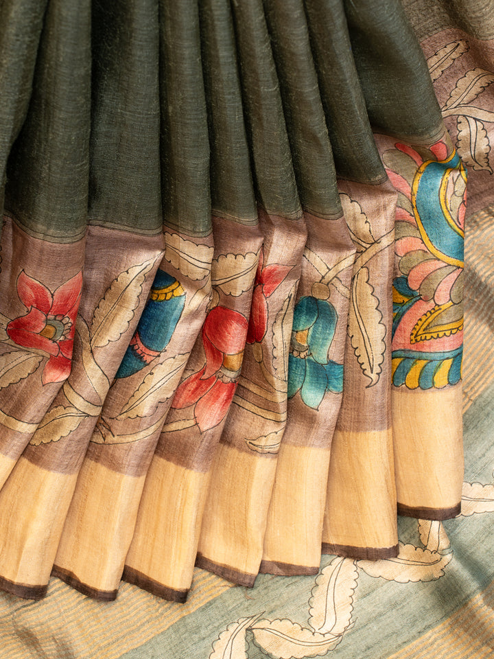 Olive Green Kalamkari Hand Printed Pure Tussar saree