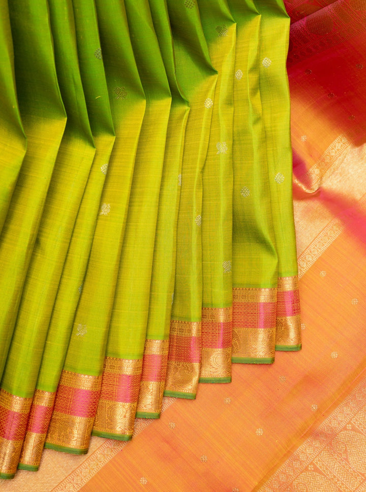 Sampanga Green and Peach Pure Zari Kancipuram Silk Saree - Clio Silks