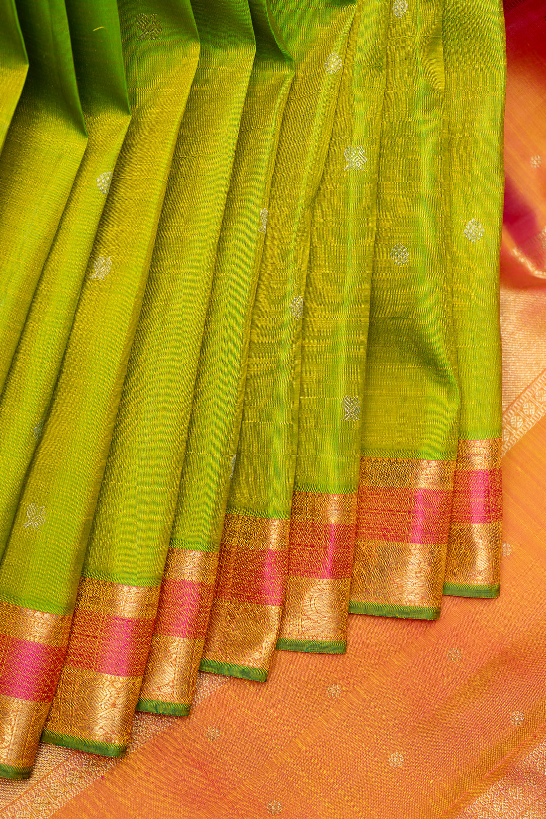 Sampanga Green and Peach Pure Zari Kancipuram Silk Saree - Clio Silks