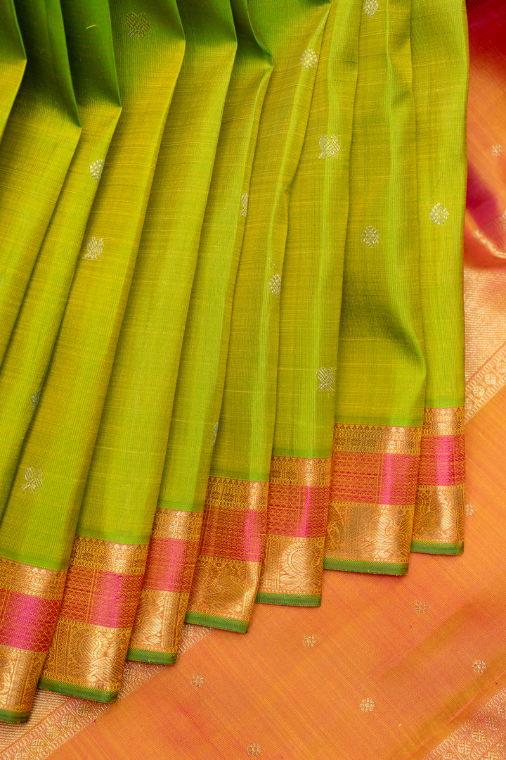Sampanga Green and Peach Pure Zari Kancipuram Silk Saree - Clio Silks
