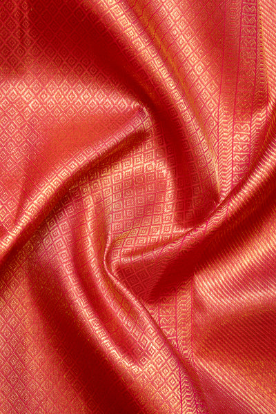 Tomato Red Zari Checks Pure Kanchipuram Silk Saree - Clio Silks