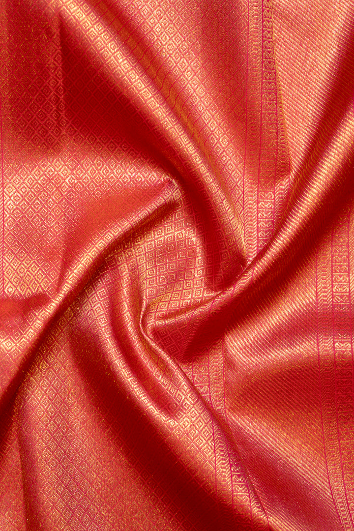 Tomato Red Zari Checks Pure Kanchipuram Silk Saree - Clio Silks