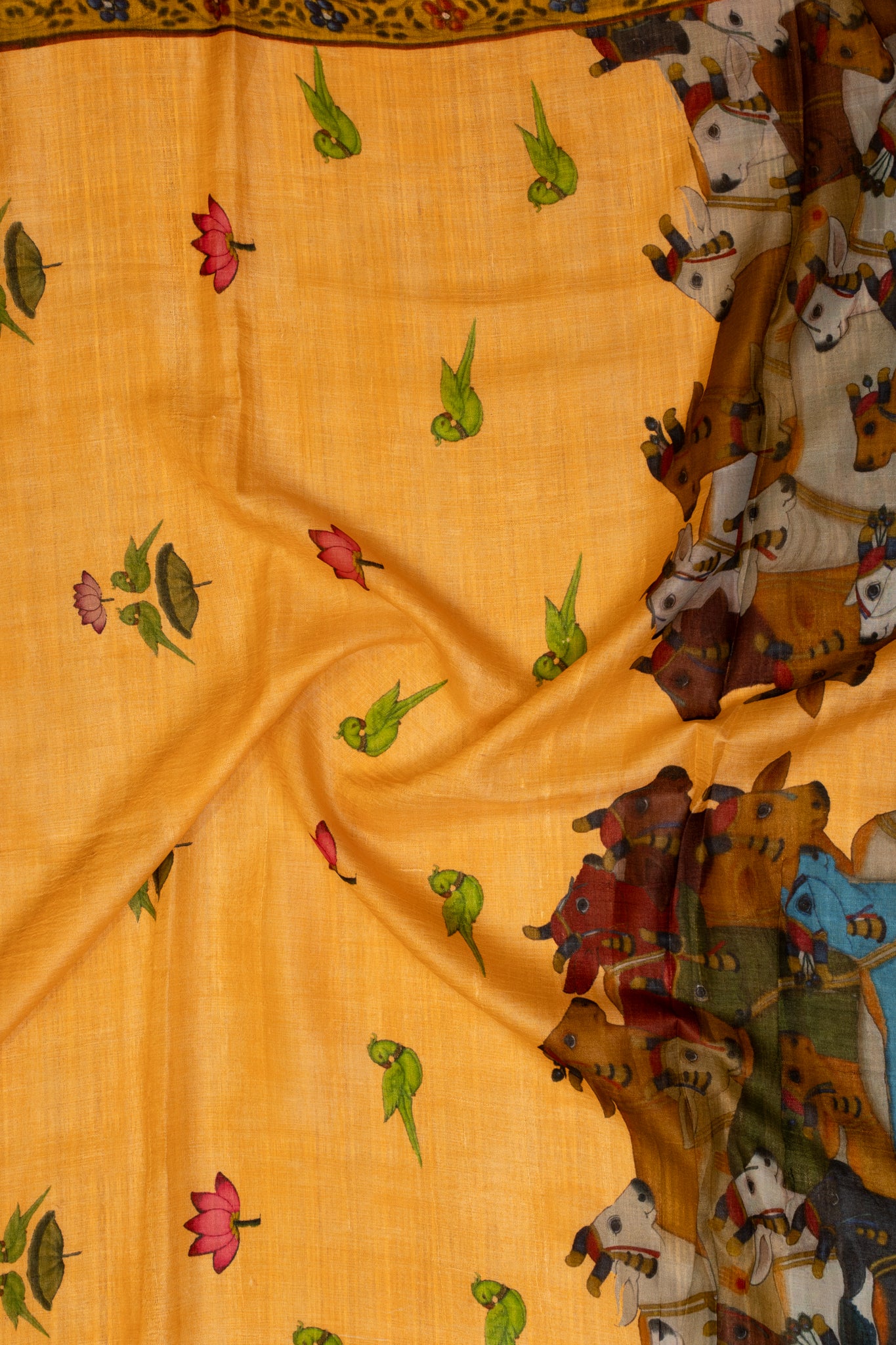 Pastel Yellow Pichwai Printed Pure Tussar saree