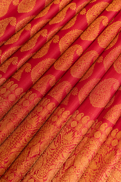 Crimson Red paisley pure zari Brocade Kanjivaram silk saree