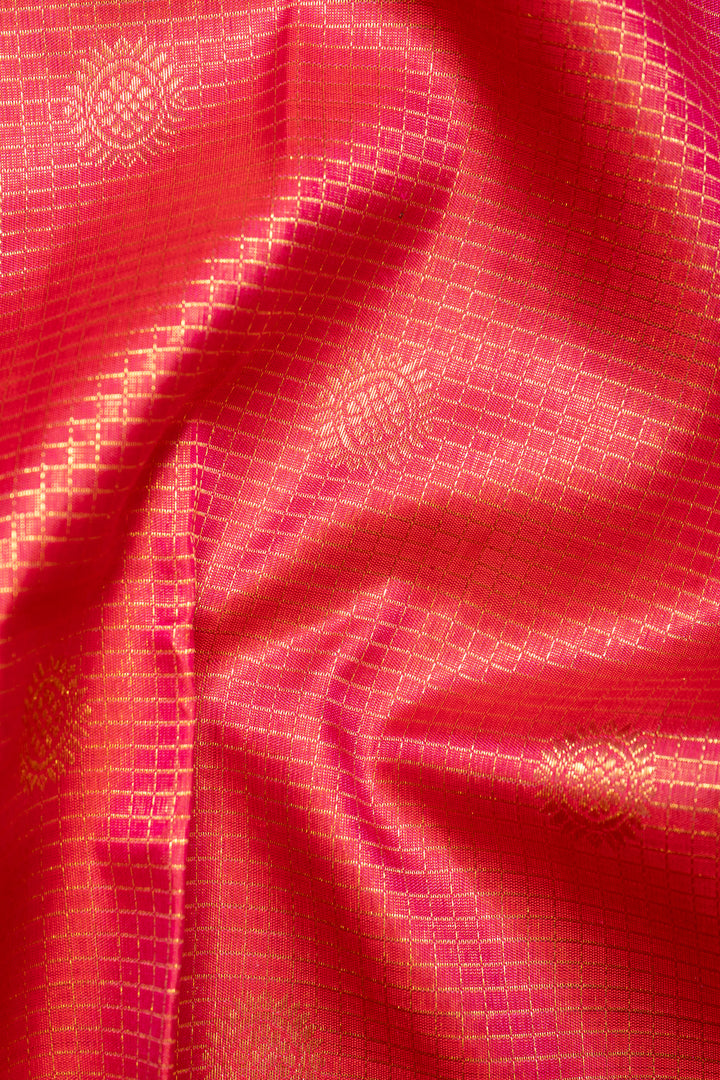 Tomato Red Zari Checks Pure Kanchipuram Silk Saree - Clio Silks