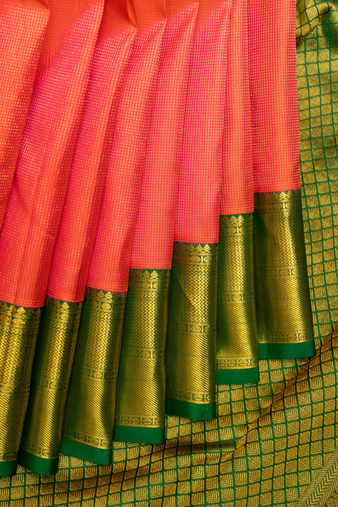 Peach Orange and Green Muthu Self Pure Kanjivaram silk Saree - Clio Silks