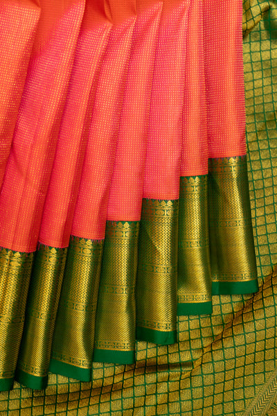 Peach Orange and Green Muthu Self Pure Kanjivaram silk Saree - Clio Silks