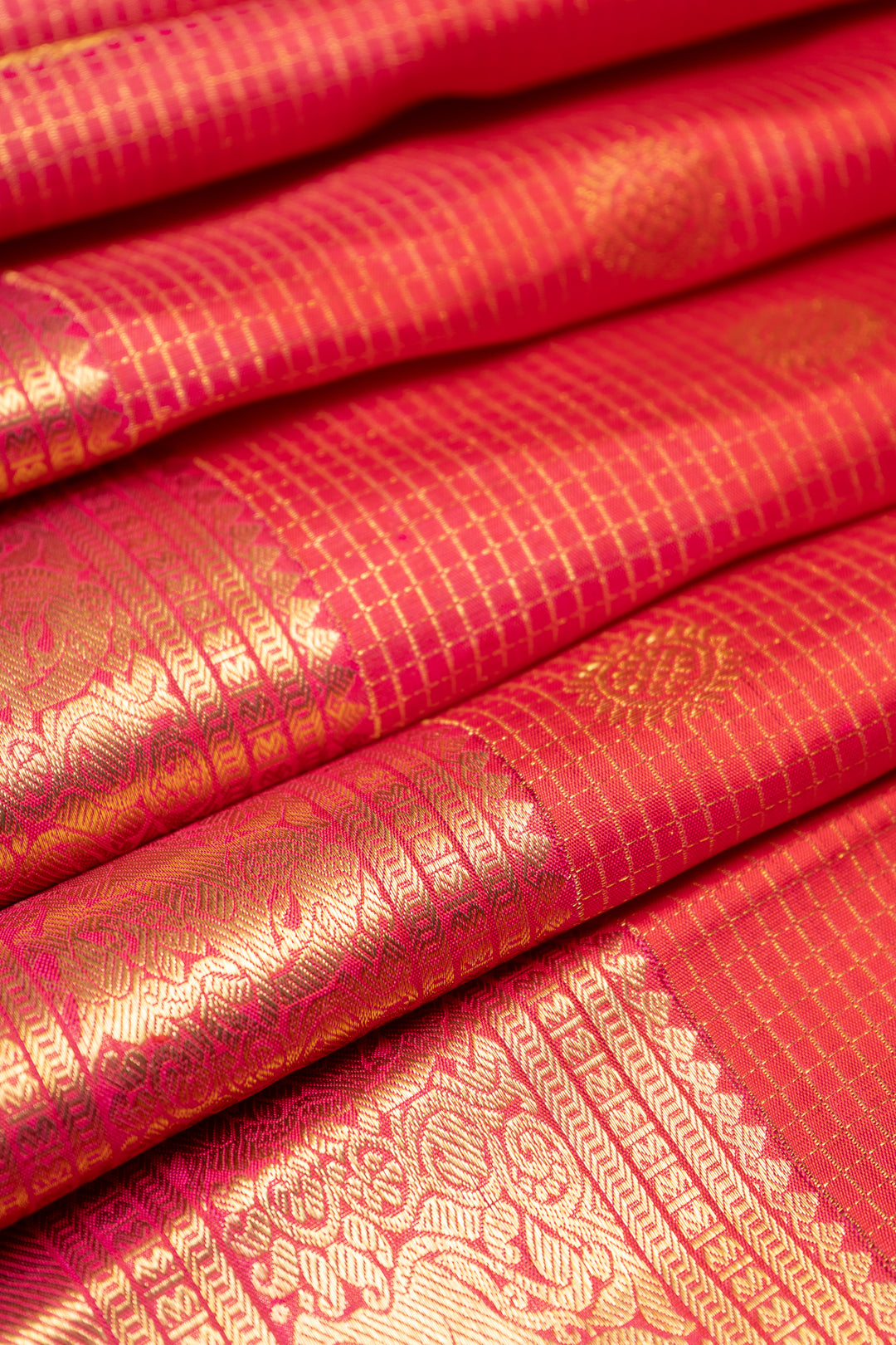 Tomato Red Zari Checks Pure Kanchipuram Silk Saree - Clio Silks