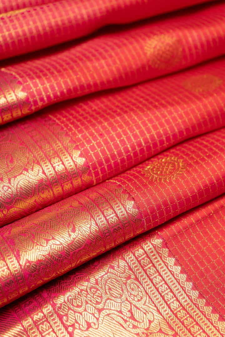 Tomato Red Zari Checks Pure Kanchipuram Silk Saree - Clio Silks