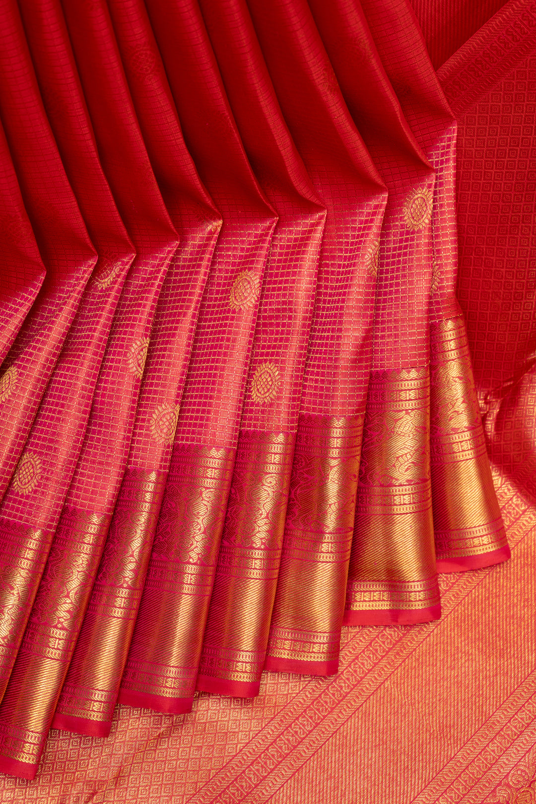 Tomato Red Zari Checks Pure Kanchipuram Silk Saree - Clio Silks