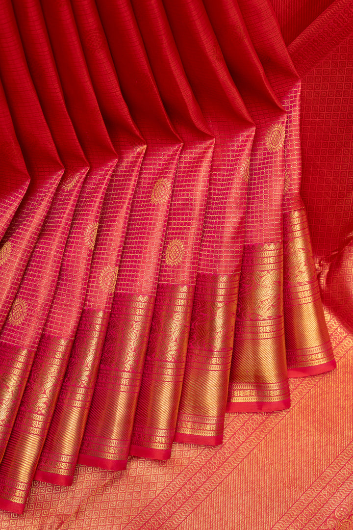 Tomato Red Zari Checks Pure Kanchipuram Silk Saree - Clio Silks