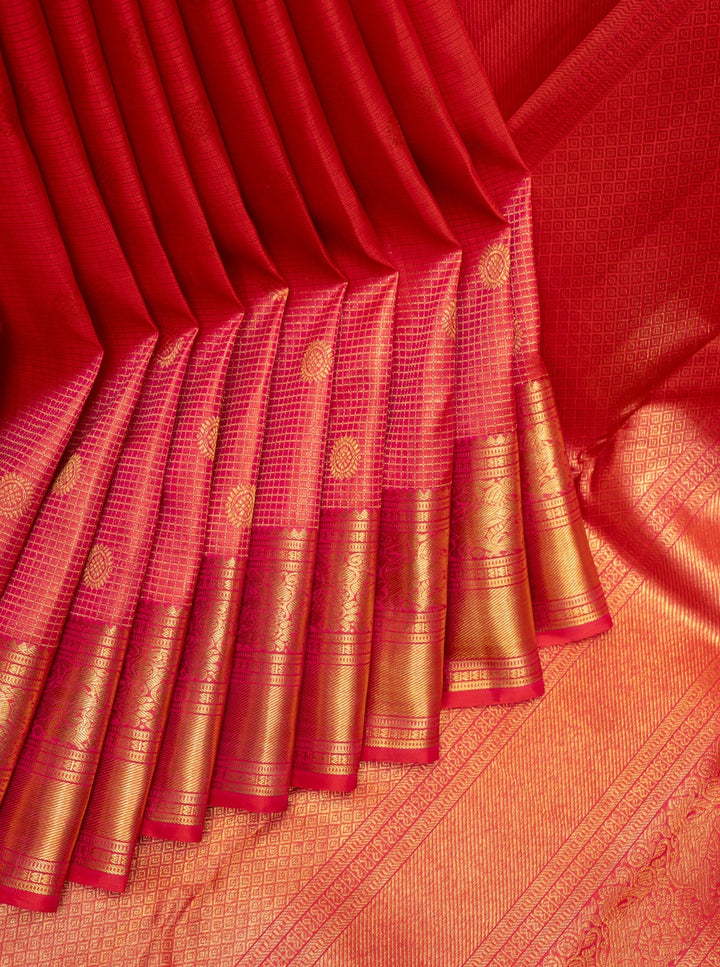 Tomato Red Zari Checks Pure Kanchipuram Silk Saree - Clio Silks