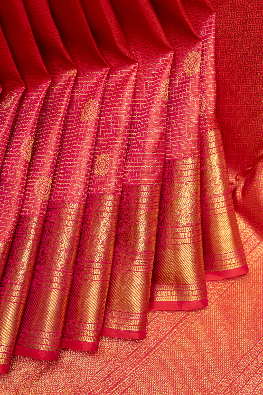 Tomato Red Zari Checks Pure Kanchipuram Silk Saree - Clio Silks