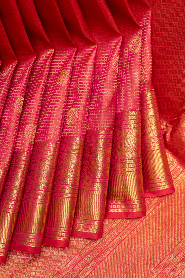 Tomato Red Zari Checks Pure Kanchipuram Silk Saree - Clio Silks