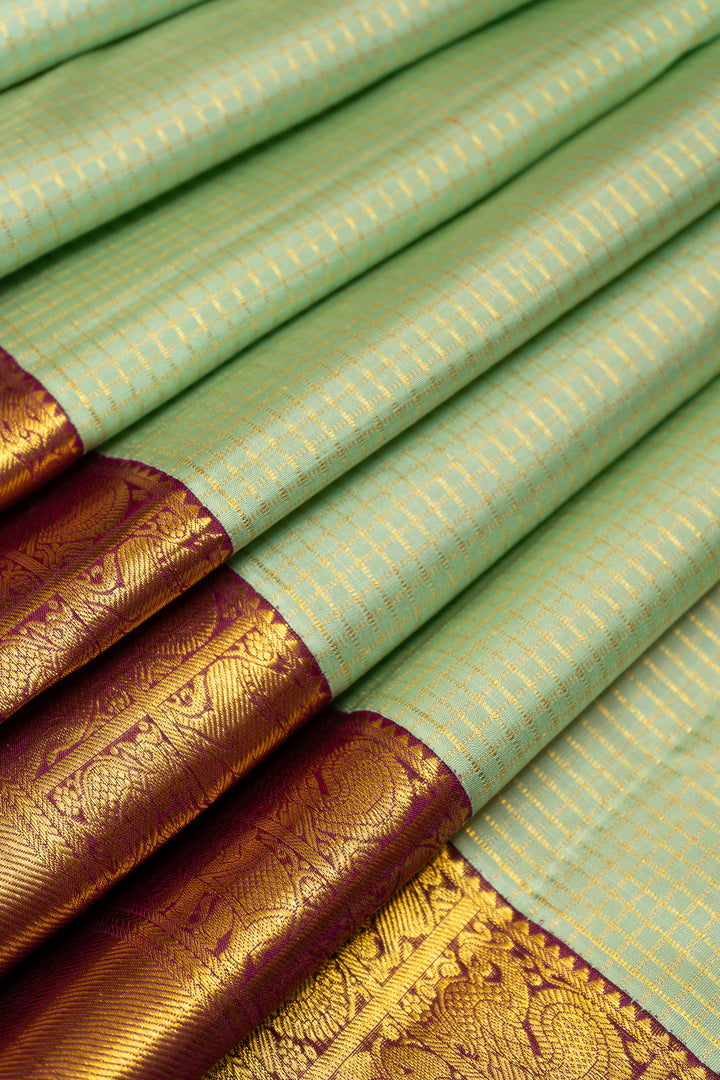 Light Turquoise Blue Zari Checks Pure Kanchipuram Silk Saree - Clio Silks