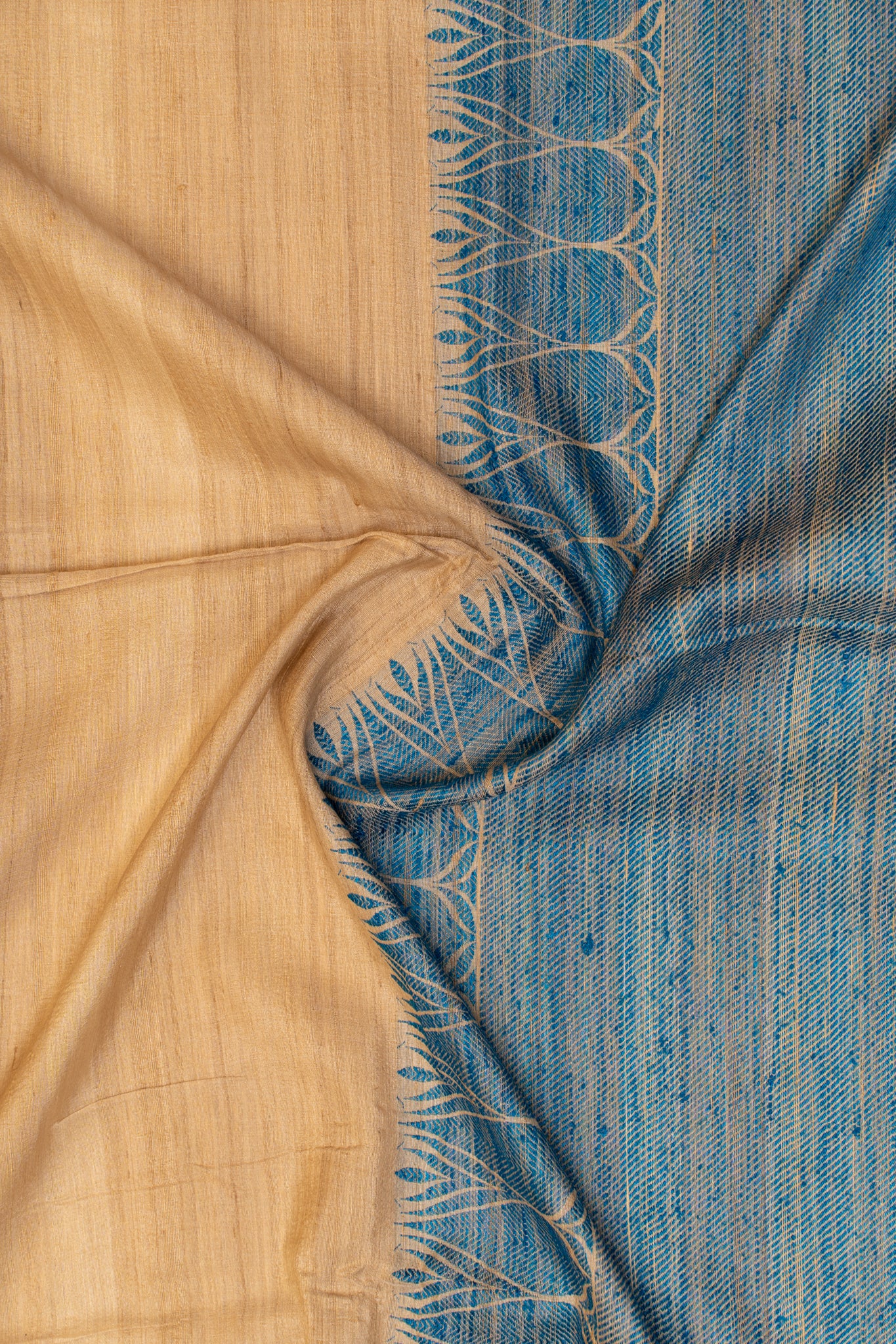 Beige and Blue Woven Pure Banaras Tussar Saree