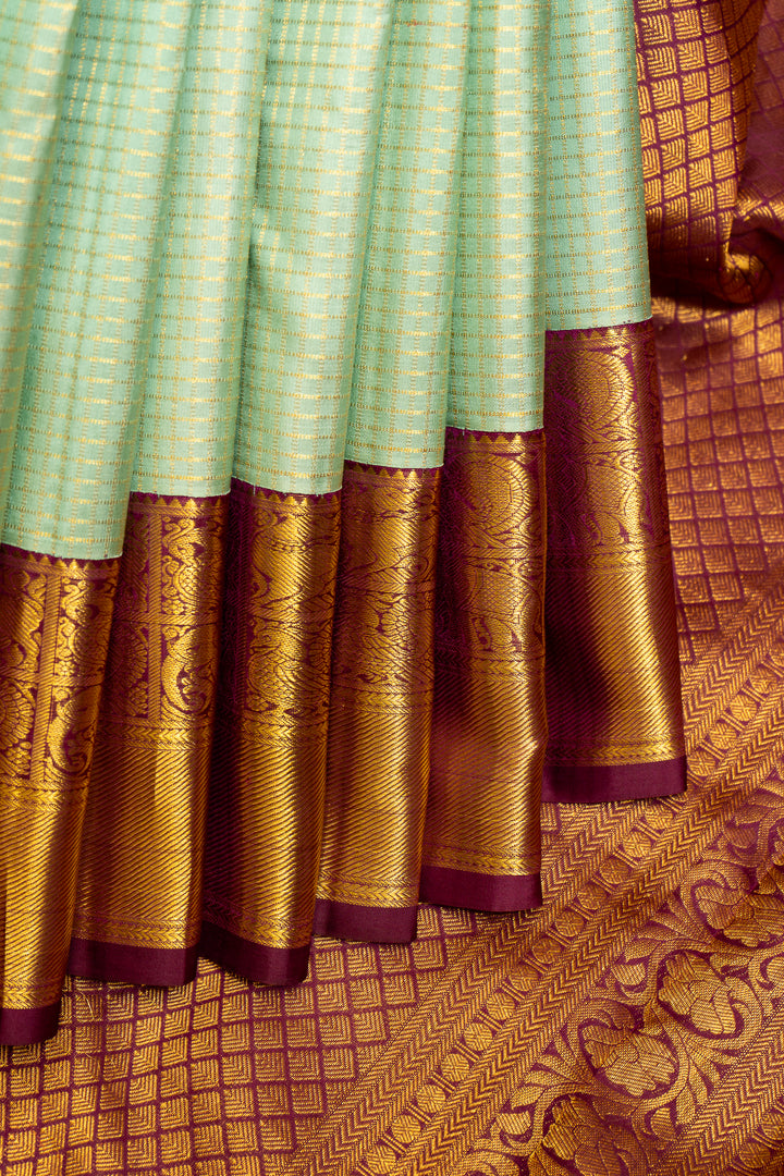Light Turquoise Blue Zari Checks Pure Kanchipuram Silk Saree - Clio Silks