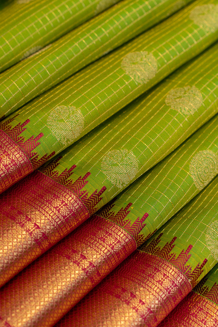 Parrot green and red traditional pure Kanchipuram silk saree