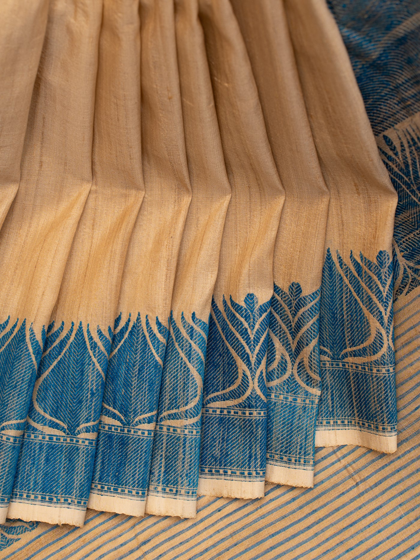 Beige and Blue Woven Pure Banaras Tussar Saree