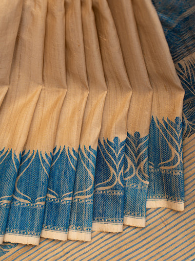 Beige and Blue Woven Pure Banaras Tussar Saree