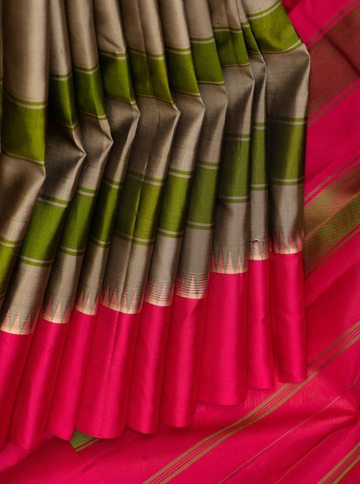 Grey Stripes Korvai Pure Kanchipuram Silk Saree Without Zari - Clio Silks