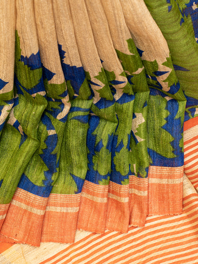 Beige Handprinted Pure Tussar Geicha Saree