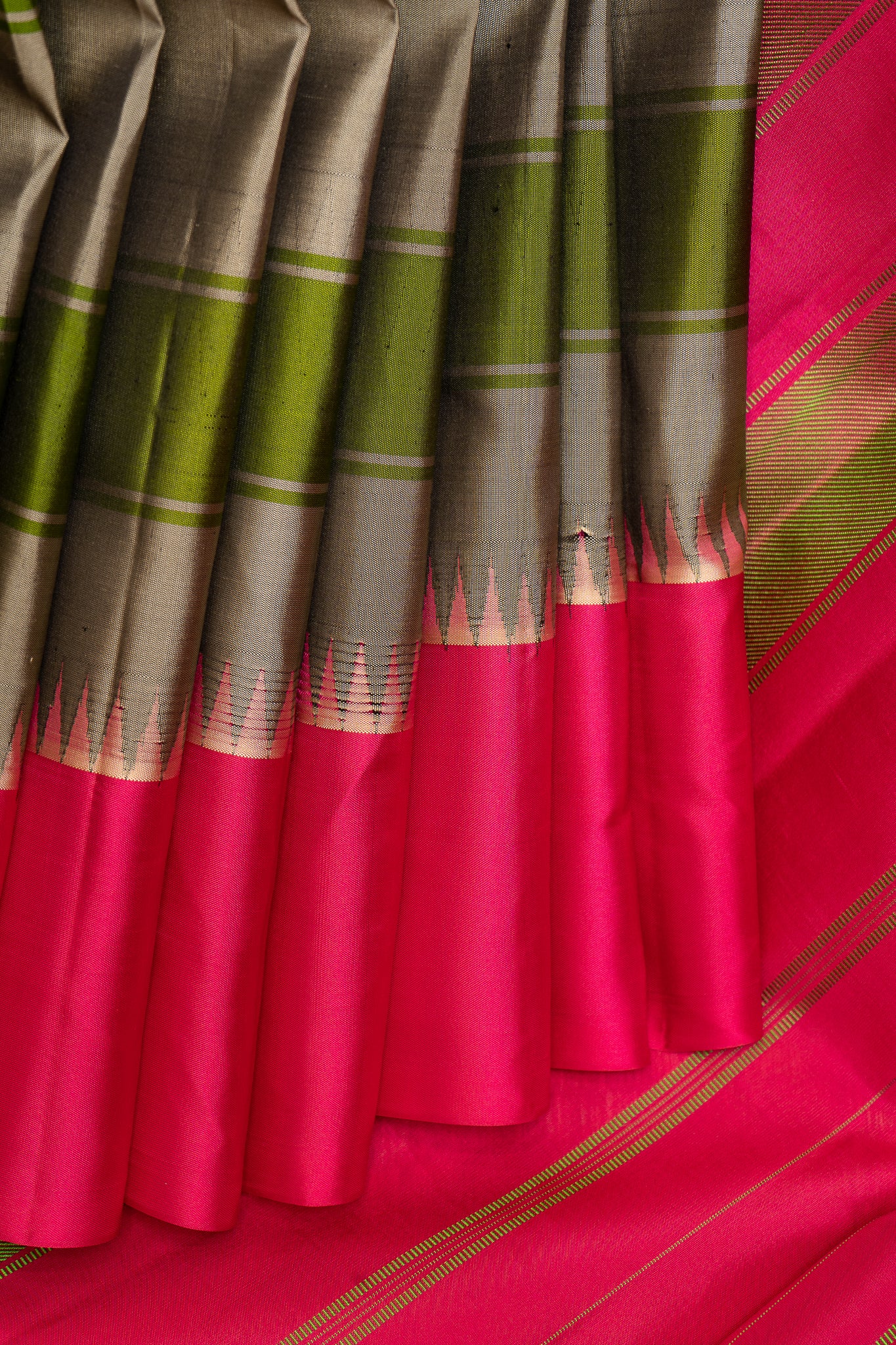 Grey Stripes Korvai Pure Kanchipuram Silk Saree Without Zari - Clio Silks