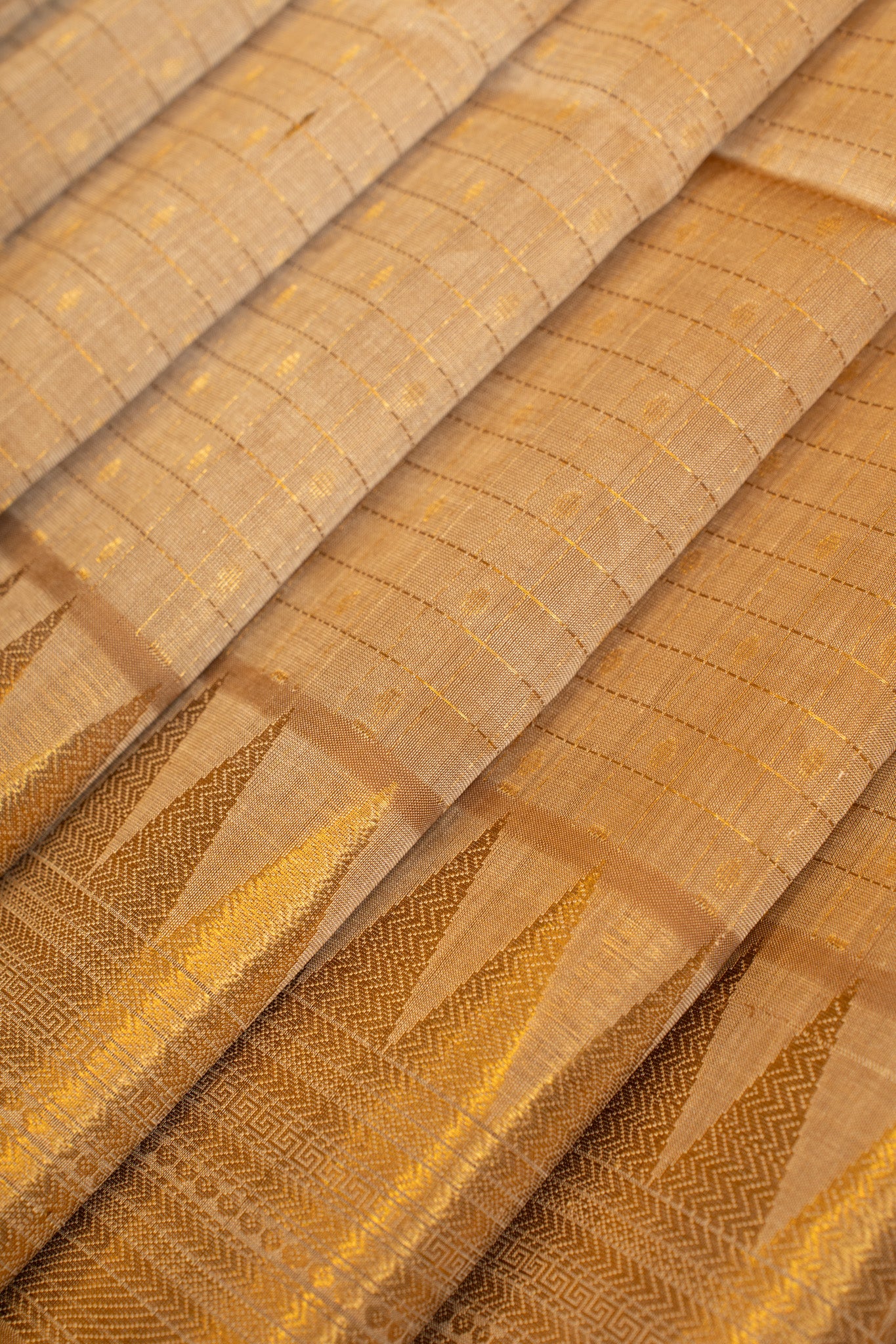 Beige gold zari checks pure silk cotton saree