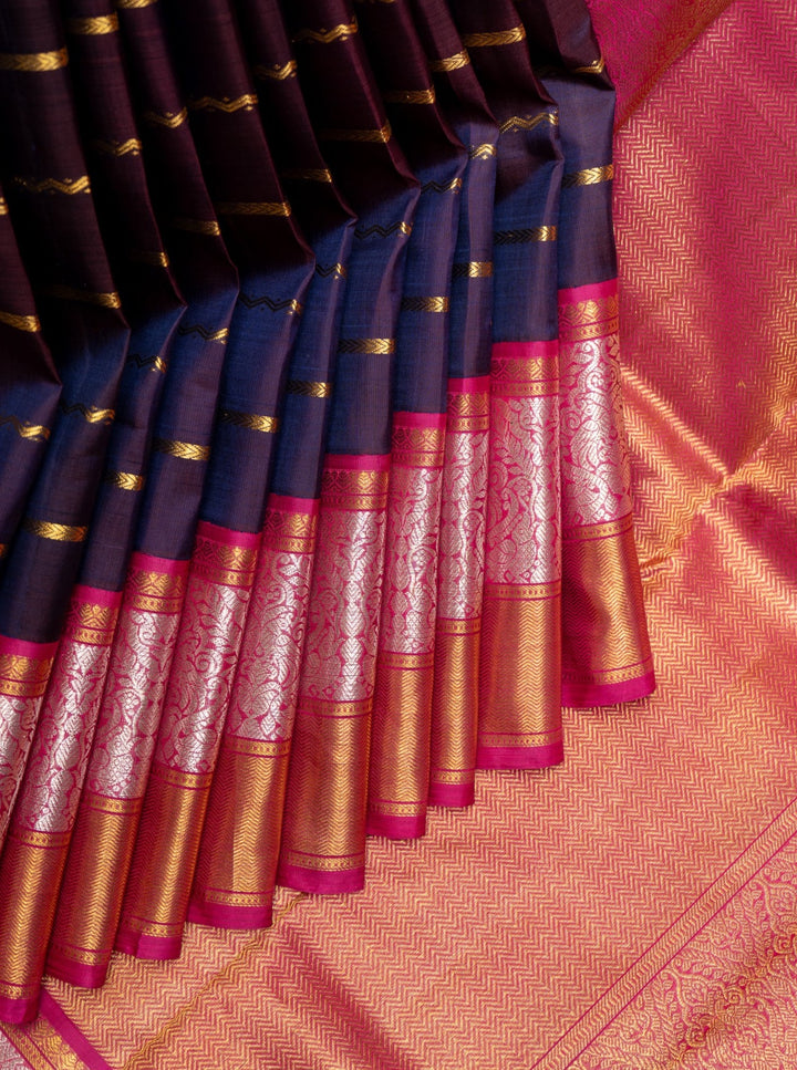 Purple and Magenta Stripes Pure Kanchipuram Silk Saree - Clio Silks