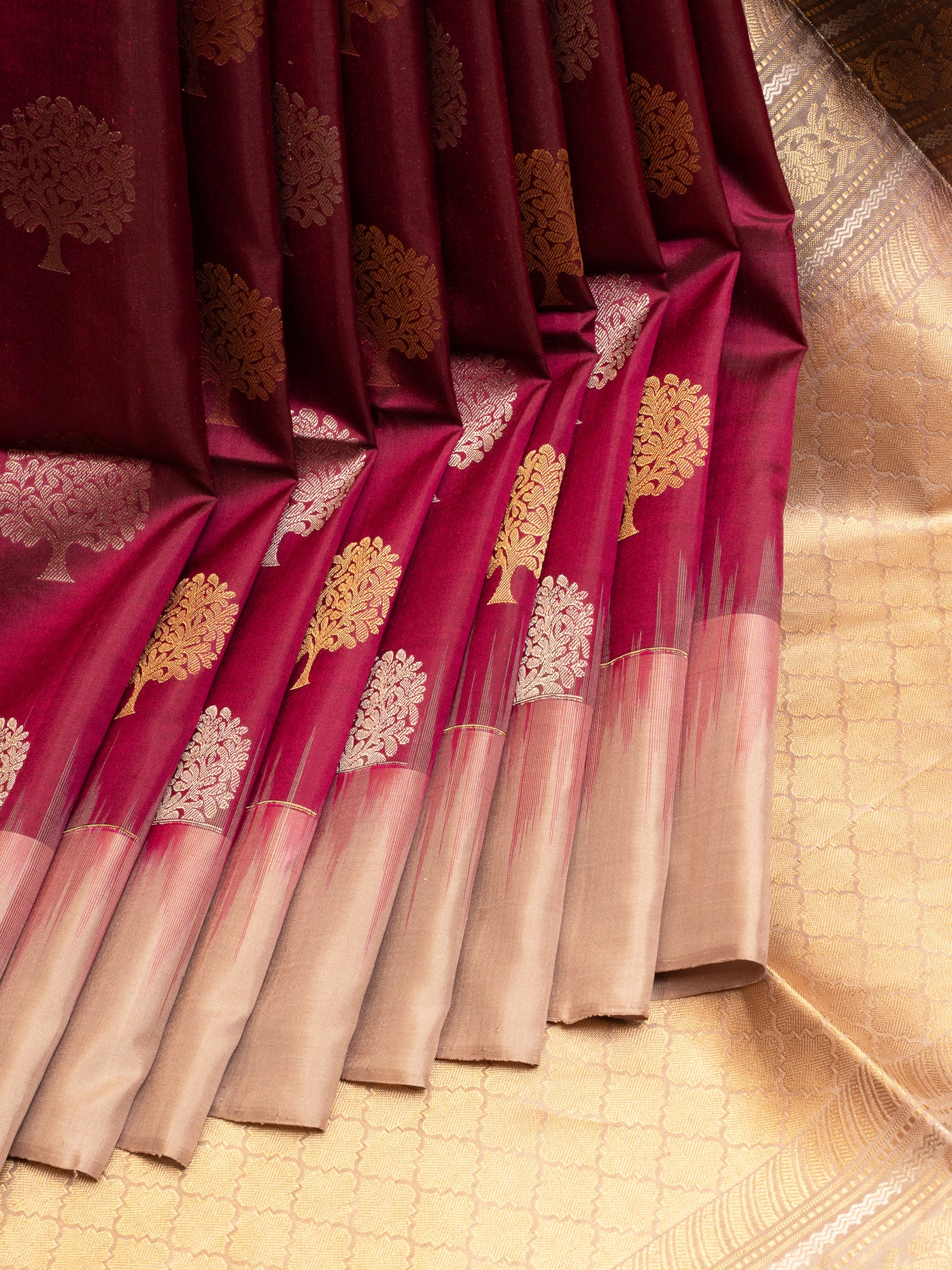 Maroon and Beige Soft Silk Saree