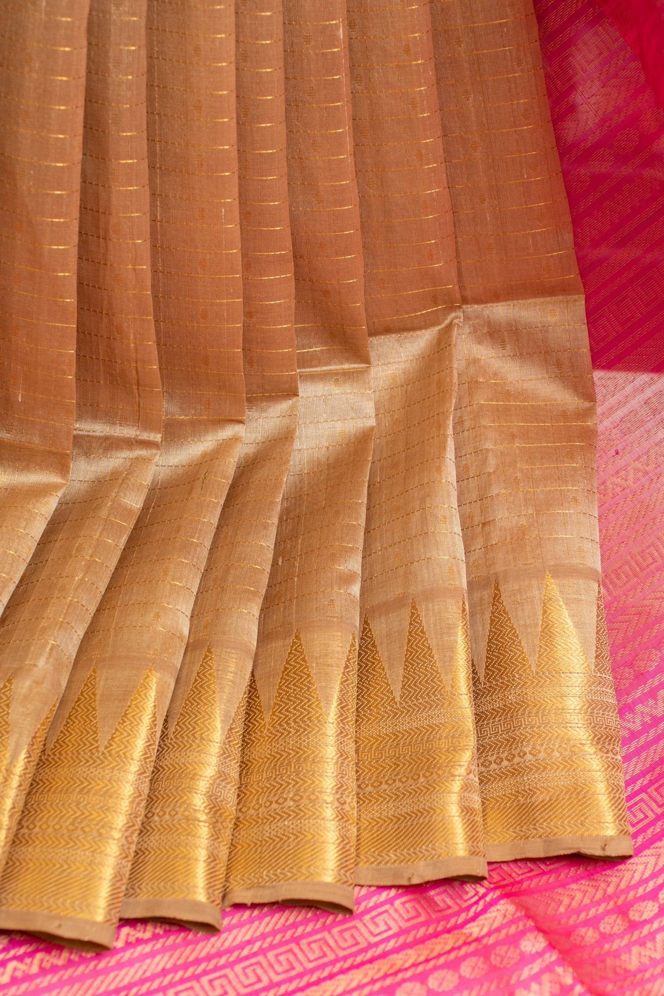 Beige gold zari checks pure silk cotton saree