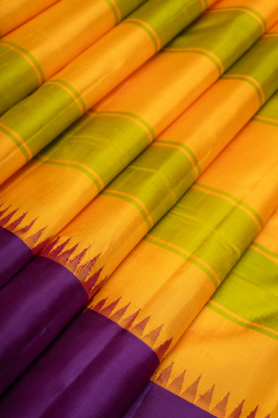 Yellow Stripes Korvai Pure Kanchipuram Silk Saree Without Zari - Clio Silks