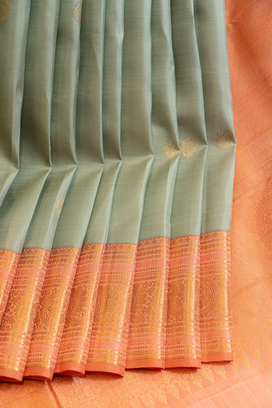 Mint blue and peach pure Kanchipuram silk saree
